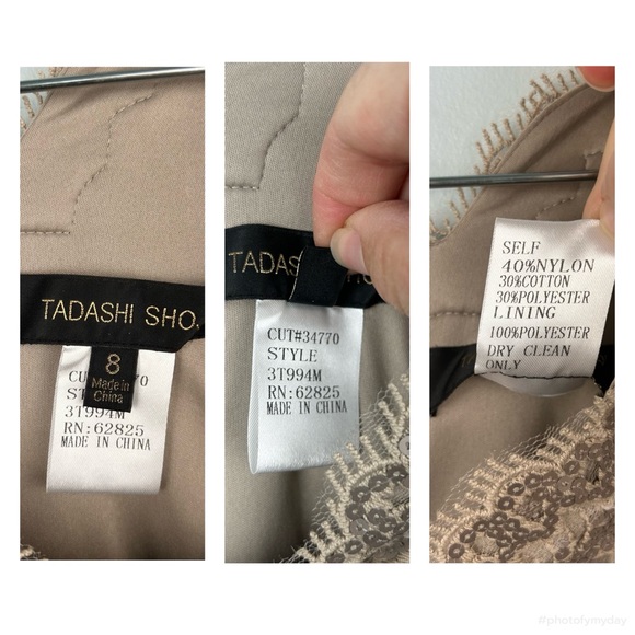 Tadashi Shoji Cocktail Dress Sequin Lace Embroidery Appliquéd Sand Beige Sz 8 - Picture 13 of 15